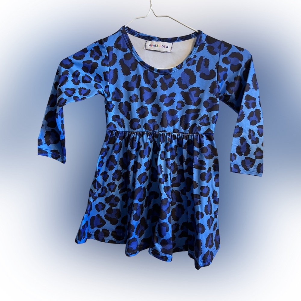 Little Girl / Toddler Blue Leopard Print Knit Long Sleeve Dress ~ Size S (2T)